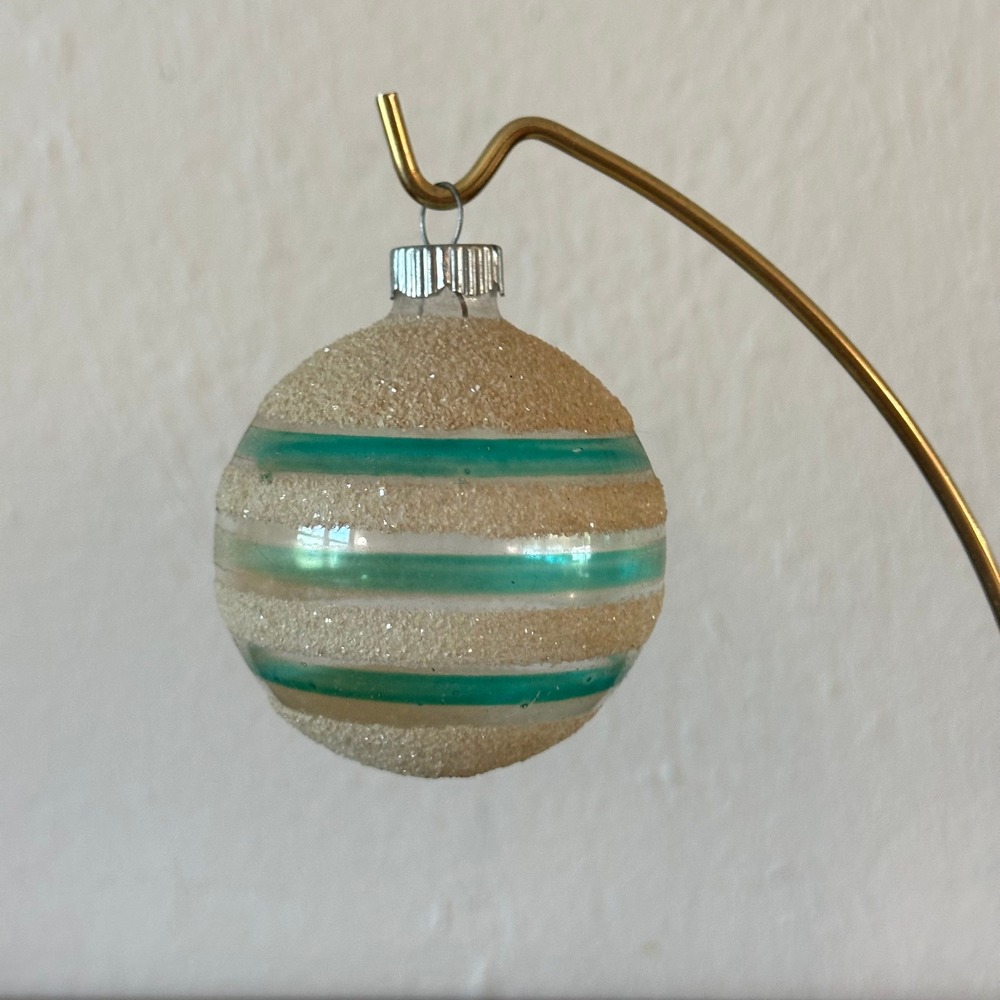 Vintage Shiny Brite Unsilvered Glass Christmas Ornament Teal Mica Stripe 2 inch